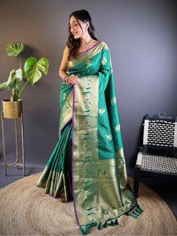Elora - Green Soft Silk Striped Saree with Unstitched Blouse