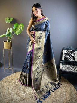 Elora - Navy Blue Soft Silk Striped Saree with Unstitched Blouse