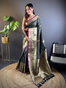 Elora - Black Soft Silk Striped Saree with Unstitched Blouse