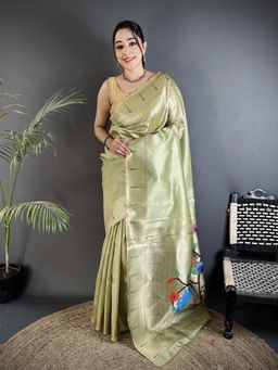Elora - Lime Green Tissue Minakari Plain Zari Weaving Paithani Saree with Unstitched Blouse