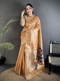 Elora - Mustard Gold Tissue Minakari Plain Zari Weaving Saree with Unstitched Blouse