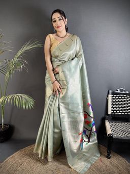 Elora - Pastel Green Tissue Minakari Plain Zari Weaving Saree with Unstitched Blouse