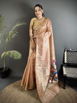 Elora - Peach Tissue Minakari Plain Zari Weaving Paithani Saree with Unstitched Blouse