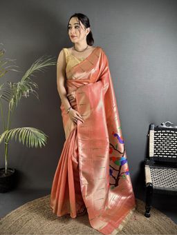 Elora - Rust Orange Tissue Minakari Plain Zari Weaving Saree with Unstitched Blouse