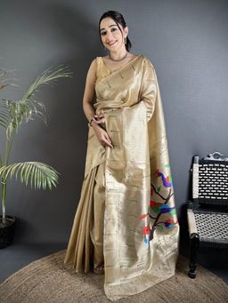 Elora - Cream Tissue Minakari Plain Zari Weaving Paithani Saree with Unstitched Blouse