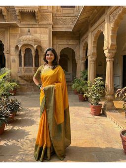 AMRUTKALA SAREES - Yellow Designer Banarasi Silk Kanjivaram Saree with Unstitched Blouse