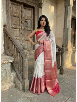 AMRUTKALA SAREES - White Designer Banarasi Silk Kanjivaram Saree with Unstitched Blouse
