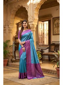 AMRUTKALA SAREES - Teal Designer Banarasi Silk Kanjivaram Saree with Unstitched Blouse