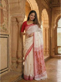 AMRUTKALA SAREES - White Designer Cotton Silk Kanjivaram Saree with Unstitched Blouse