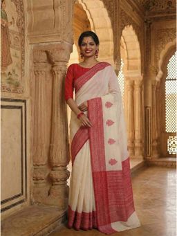 AMRUTKALA SAREES - White Designer Cotton Silk Kanjivaram Saree with Unstitched Blouse