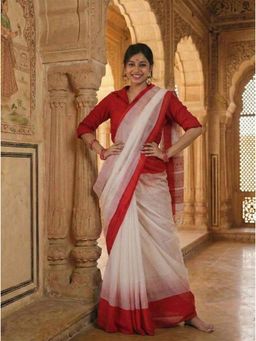 AMRUTKALA SAREES - White Designer Cotton Silk Kanjivaram Saree with Unstitched Blouse