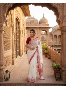 AMRUTKALA SAREES - White Designer Cotton Silk Kanjivaram Saree with Unstitched Blouse