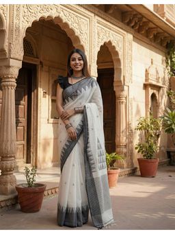 AMRUTKALA SAREES - White Designer Cotton Silk Kanjivaram Saree with Unstitched Blouse