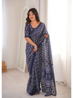 Anjaneya Sarees - Blue Designer Cotton Silk Printed Solid Saree with Unstitched Blouse