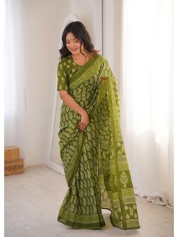 Anjaneya Sarees - Green Designer Cotton Silk Printed Solid Saree with Unstitched Blouse