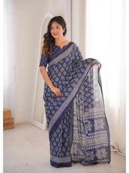 Anjaneya Sarees - Blue Designer Cotton Silk Printed Solid Saree with Unstitched Blouse