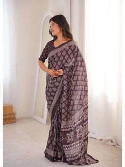 Anjaneya Sarees - Brown Designer Cotton Silk Printed Solid Saree with Unstitched Blouse