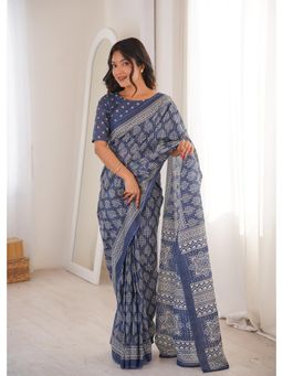 Anjaneya Sarees - Blue Designer Cotton Silk Printed Solid Saree with Unstitched Blouse