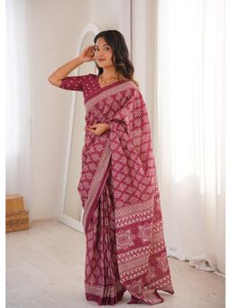 Anjaneya Sarees - Wine Designer Cotton Silk Printed Solid Saree with Unstitched Blouse