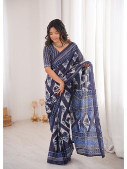 Anjaneya Sarees - Blue Designer Cotton Silk Printed Solid Saree with Unstitched Blouse