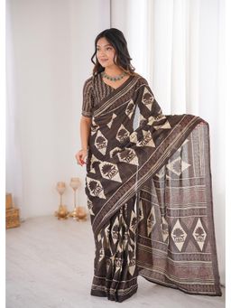 Anjaneya Sarees - Brown Designer Cotton Silk Printed Solid Saree with Unstitched Blouse