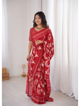 Anjaneya Sarees - Red Designer Cotton Silk Printed Solid Saree with Unstitched Blouse