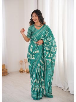 Anjaneya Sarees - Teal Designer Cotton Silk Printed Solid Saree with Unstitched Blouse