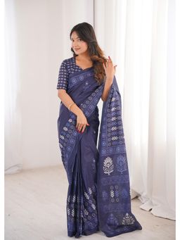 Anjaneya Sarees - Blue Designer Cotton Silk Printed Solid Saree with Unstitched Blouse