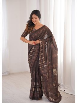 Anjaneya Sarees - Brown Designer Cotton Silk Printed Solid Saree with Unstitched Blouse