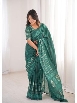 Anjaneya Sarees - Teal Designer Cotton Silk Printed Solid Saree with Unstitched Blouse