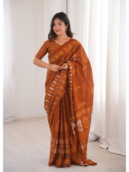 Anjaneya Sarees - Rust Designer Cotton Silk Printed Solid Saree with Unstitched Blouse