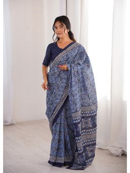 Anjaneya Sarees - Blue Designer Cotton Silk Printed Solid Saree with Unstitched Blouse