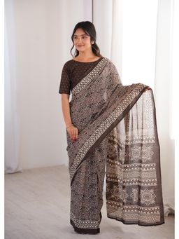 Anjaneya Sarees - Brown Designer Cotton Silk Printed Solid Saree with Unstitched Blouse
