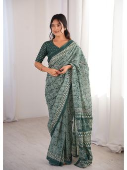 Anjaneya Sarees - Green Designer Cotton Silk Printed Solid Saree with Unstitched Blouse