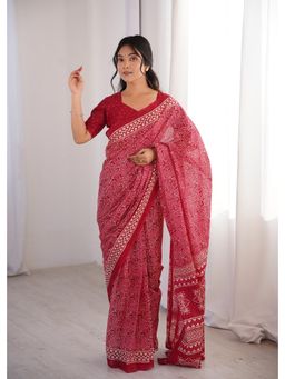 Anjaneya Sarees - Pink Designer Cotton Silk Printed Solid Saree with Unstitched Blouse