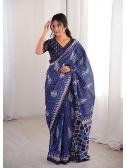 Anjaneya Sarees - Blue Designer Cotton Silk Printed Solid Saree with Unstitched Blouse