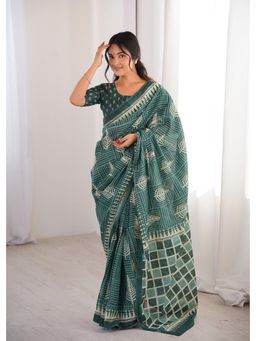 Anjaneya Sarees - Green Designer Cotton Silk Printed Solid Saree with Unstitched Blouse
