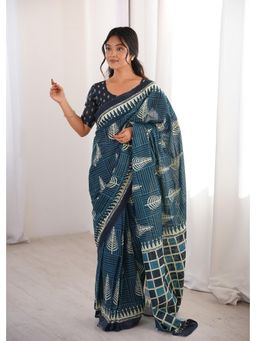Anjaneya Sarees - Teal Designer Cotton Silk Printed Solid Saree with Unstitched Blouse