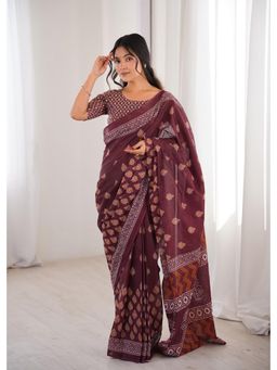 Anjaneya Sarees - Maroon Designer Cotton Silk Printed Solid Saree with Unstitched Blouse