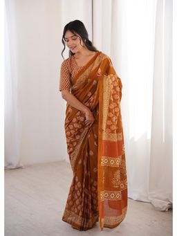 Anjaneya Sarees - Mustard Designer Cotton Silk Printed Solid Saree with Unstitched Blouse