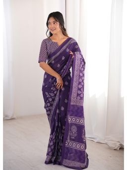 Anjaneya Sarees - Purple Designer Cotton Silk Printed Solid Saree with Unstitched Blouse