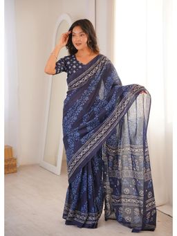 Anjaneya Sarees - Blue Designer Cotton Silk Printed Solid Saree with Unstitched Blouse