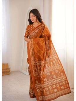 Anjaneya Sarees - Rust Designer Cotton Silk Printed Solid Saree with Unstitched Blouse