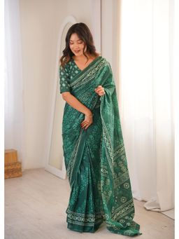 Anjaneya Sarees - Green Designer Cotton Silk Printed Solid Saree with Unstitched Blouse