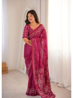 Anjaneya Sarees - Pink Designer Cotton Silk Printed Solid Saree with Unstitched Blouse