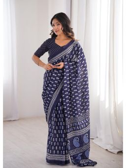 Anjaneya Sarees - Blue Designer Cotton Silk Printed Solid Saree with Unstitched Blouse