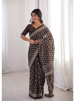 Anjaneya Sarees - Brown Designer Cotton Silk Printed Solid Saree with Unstitched Blouse