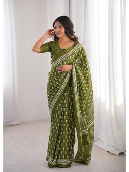 Anjaneya Sarees - Green Designer Cotton Silk Printed Solid Saree with Unstitched Blouse