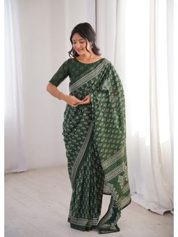 Anjaneya Sarees - Green Designer Cotton Silk Printed Solid Saree with Unstitched Blouse