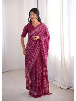 Anjaneya Sarees - Pink Designer Cotton Silk Printed Solid Saree with Unstitched Blouse
